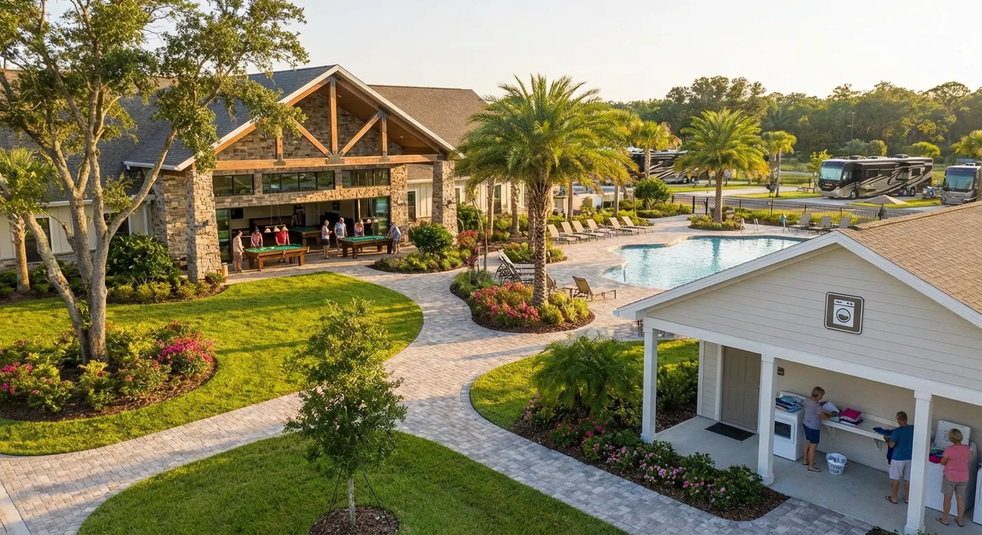 Welcoming RV park amenities and common areas